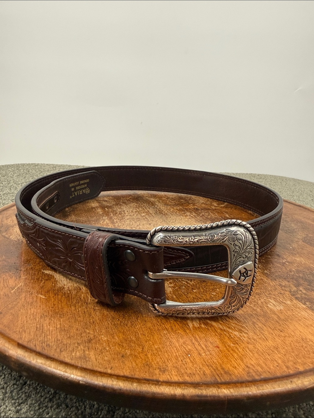 Ariat Belt Mens 38 Tooled Brown Leather Belt Ornate Silver Tone Buckle Western